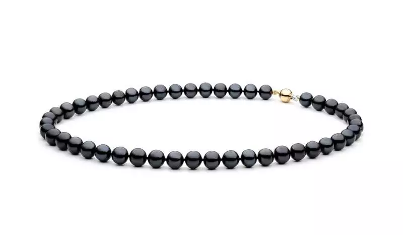 Elegante Perlenkette schwarz groß rund 9-10 mm, Perlenverschluss Weiß/Gelbgold 14K, Gaura Pearls, Estland